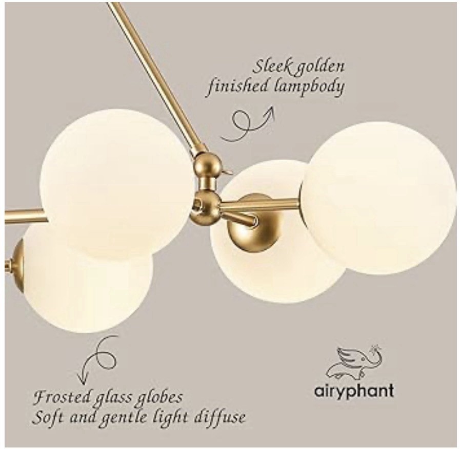 AIRYPHANT Modern Gold Sputnik Chandelier, 9-Light, Frosted Glass Globes gallery