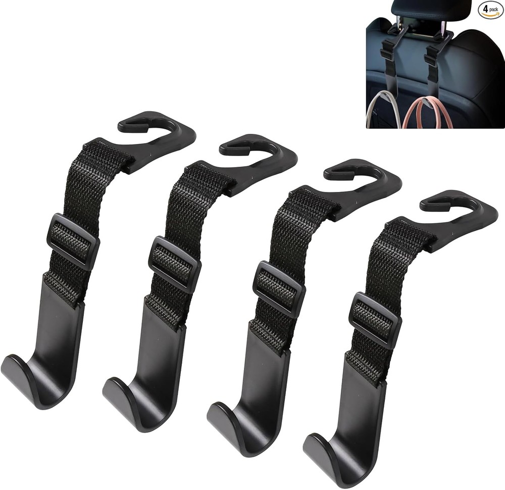 4-Piece Adjustable Car Headrest Hook Organizer, Universal Storage Hanger for Han