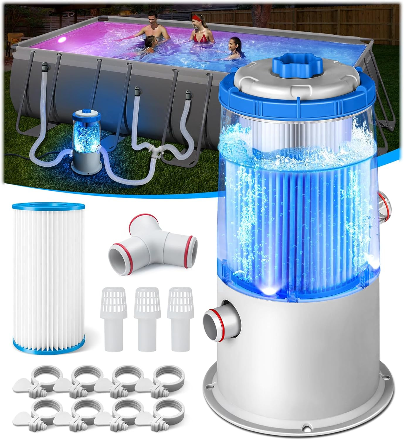 1000 GPH Light-Up Pool Filter Pump for above Ground Pool|Built-In Blue LED Light gallery