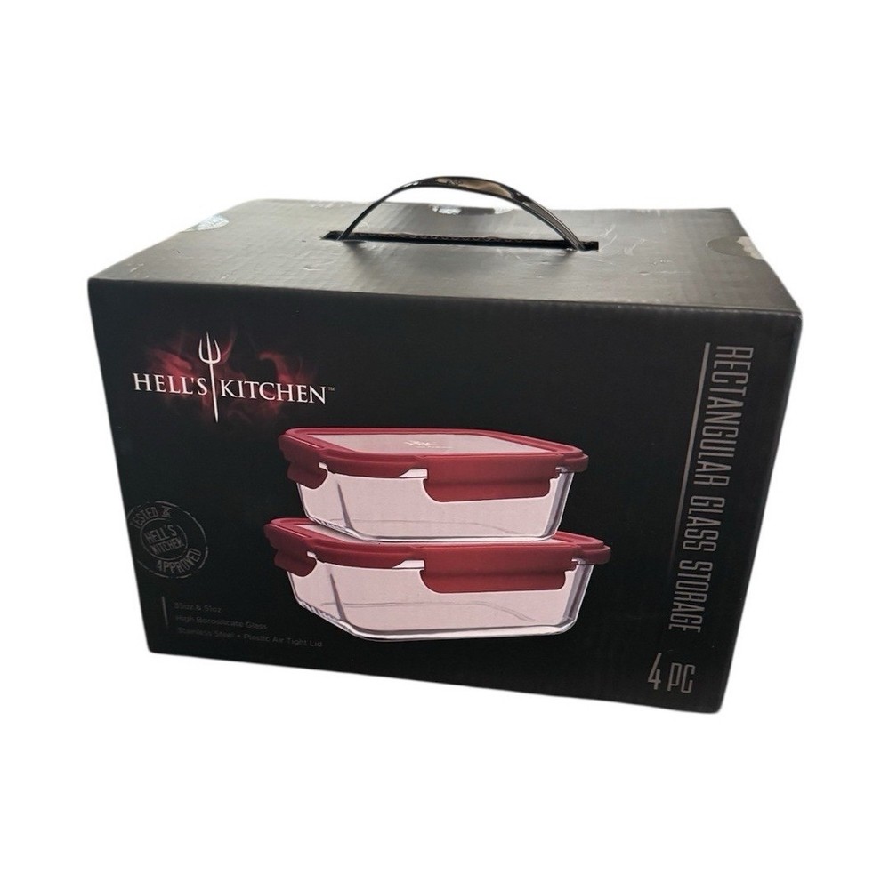 Hell's Kitchen Rectangular Glass Storage Container Set 4pc Red Airtight Lids