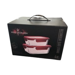 Hell’s Kitchen Rectangular Glass Storage Container Set 4pc Red Airtight Lids