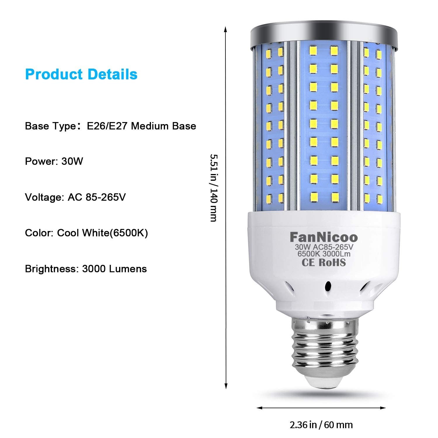 2pack 200w Equivalent Led Corn Light Bulb 3000 Lumen 6500k Cool White Daylight 3 gallery