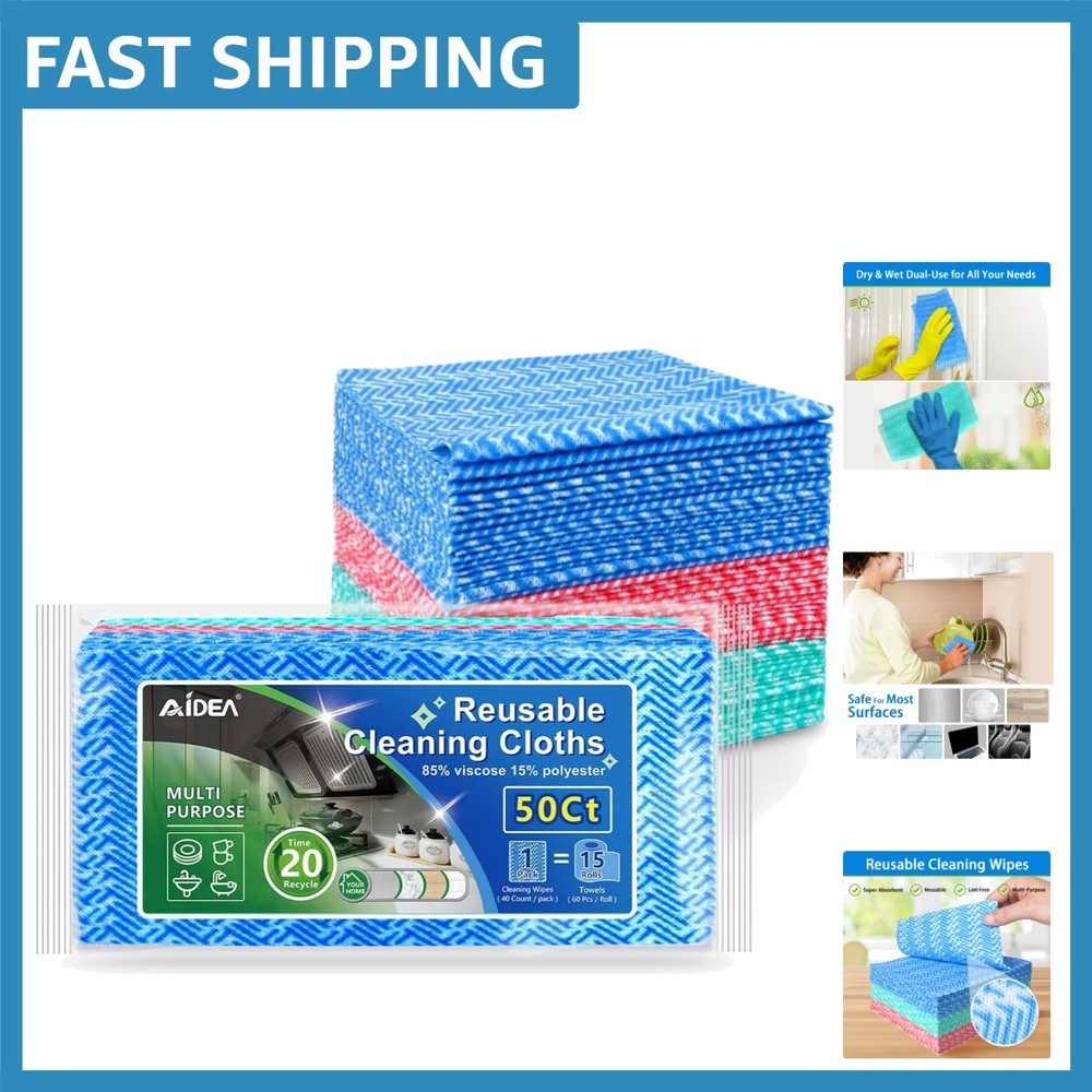Versatile 12x12 Multi-Purpose Cleaning Wipes, 50pk Lint-Free for Home & Kitchen
