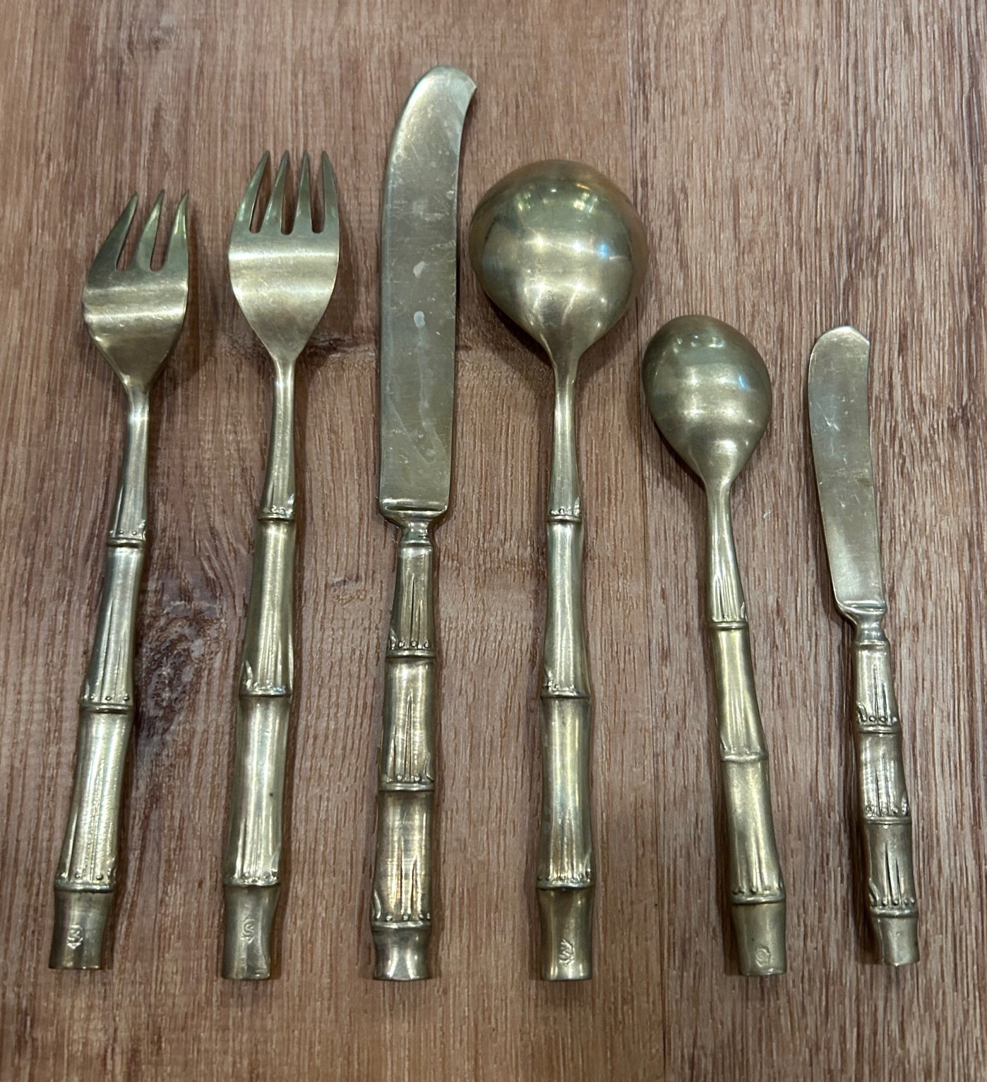 BRASS FAUX BAMBOO FLATWARE SET SIX PIECE FORGED CUTLERY gallery