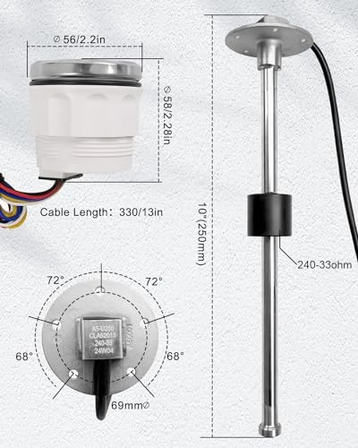 EMIHO 240-33ohm Fuel Sending Unit with Gauge for Marine Boat RV Truck 10"/250mm gallery