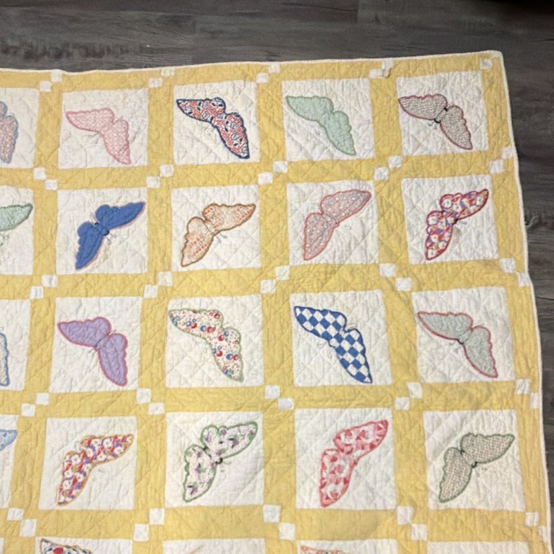 Patchwork Quilt Yellow & White w/ Multicolor Butterfly Squares Coverlet 63” x 73 gallery