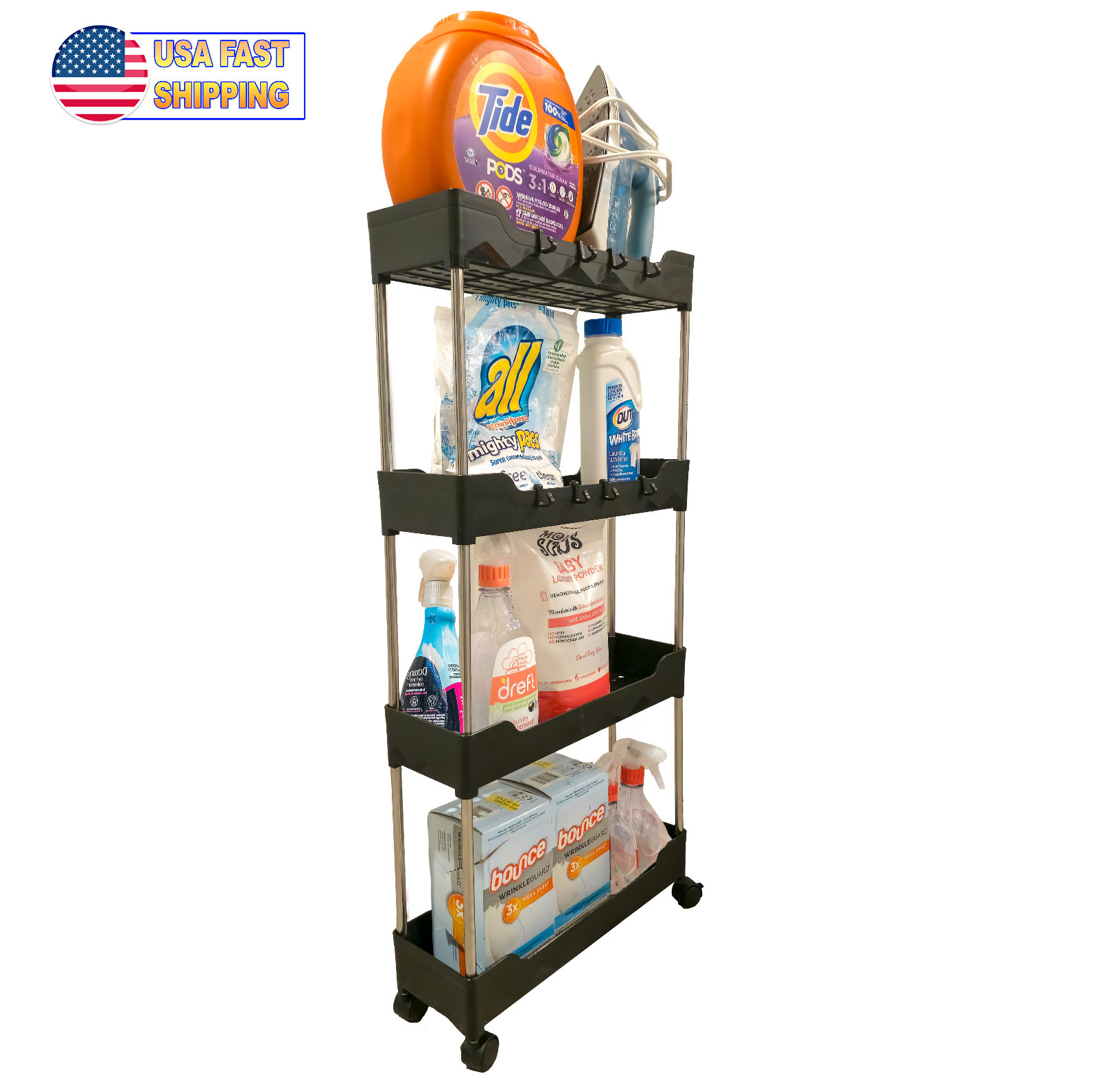 Slim Storage Cart Rolling Narrow Slide Out Shelving Utility Laundry Cart 4 Tier gallery