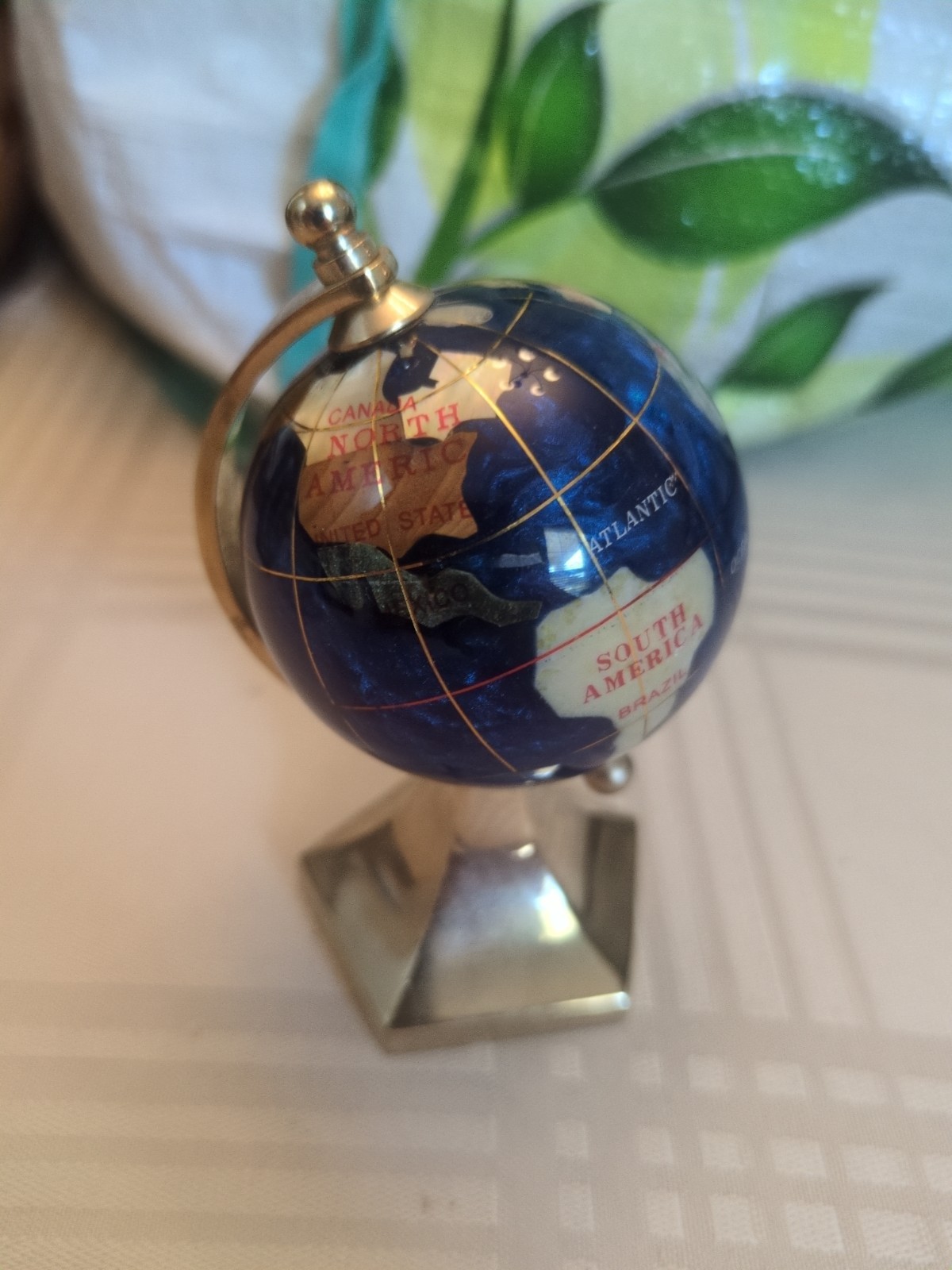Blue Lapis Semi Precious Inlaid Stone Desktop Globe On Gold Stand, 4" gallery
