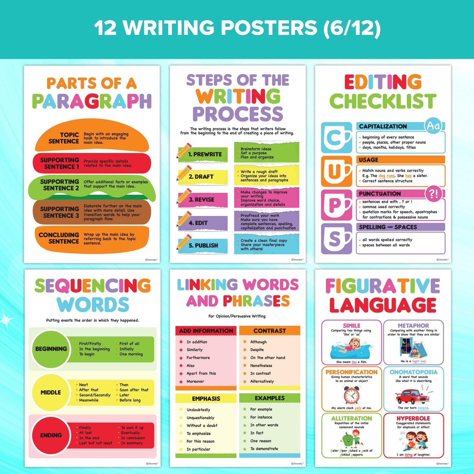 Decorably 12 Writing Posters for Classroom Middle School 11 x 16, Variation gallery
