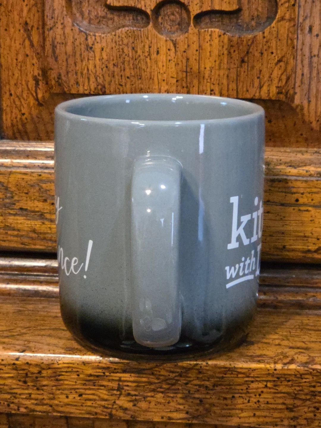 In the kitchen with David mug Happy Dance Gray Black White Letters 18 Oz. gallery