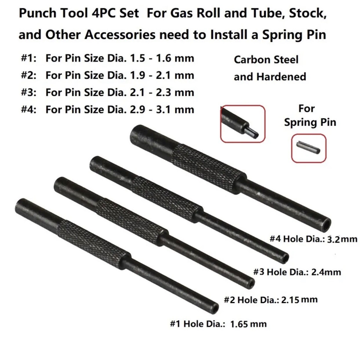 All Steel 4 PC Hollow End Roll Pin Tool Starter Punch Set for Spring Pin Install gallery