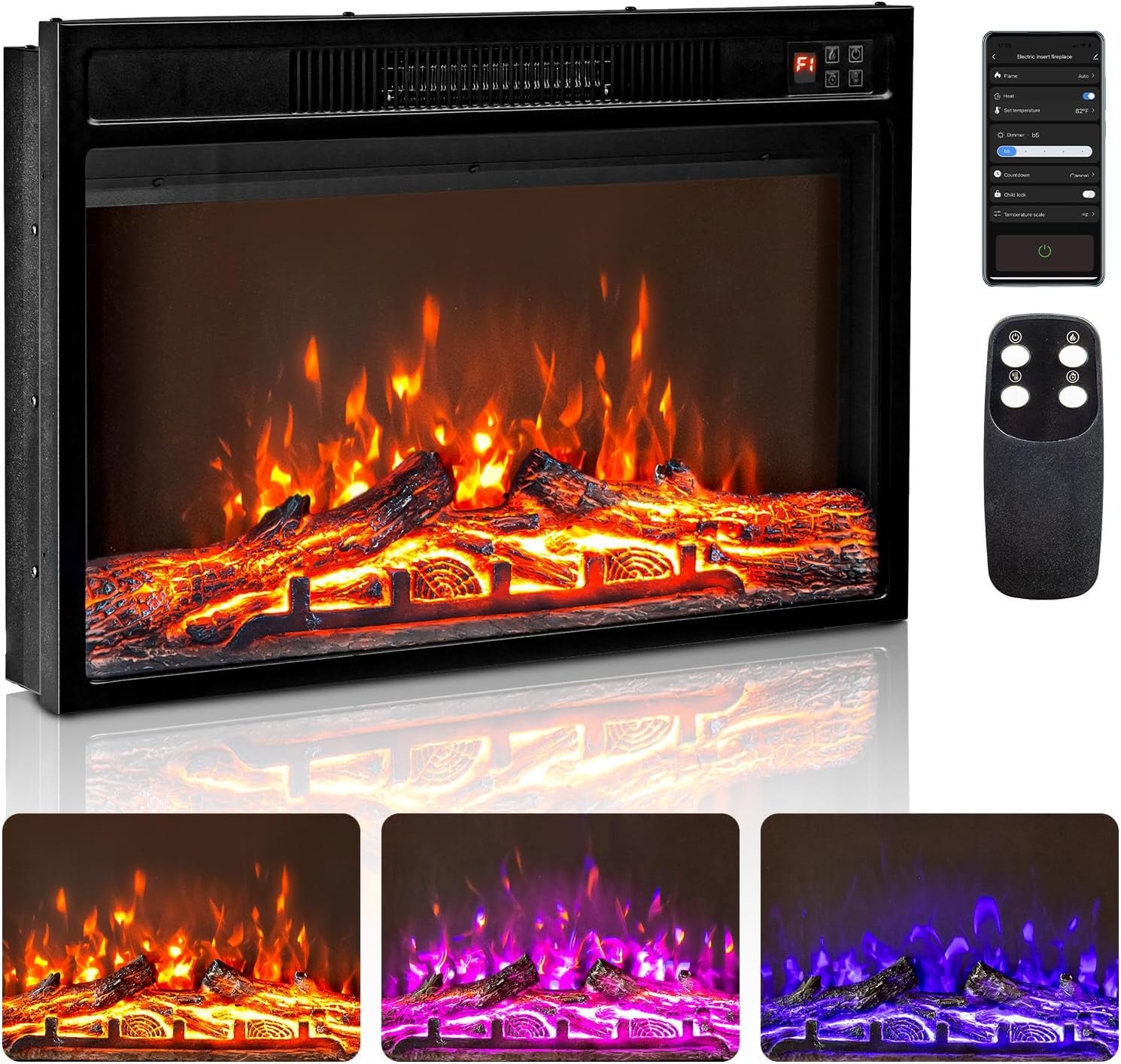 Home 1500W Embedded 26" Electric Fireplace Insert Heater Log Flame W/Remote &APP gallery