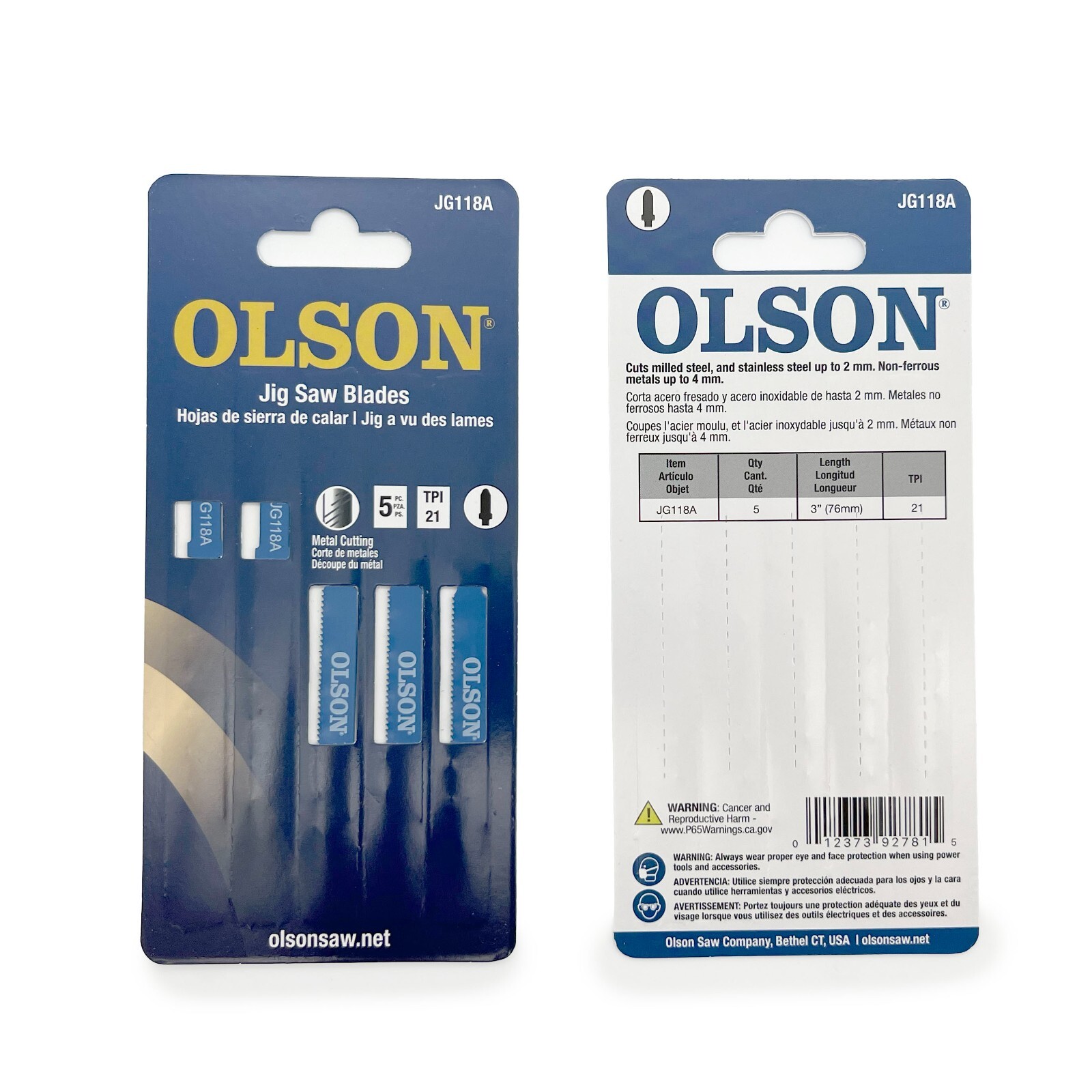 OLSON Jigsaw Blades 5PCS 3" 21T - Metal Cutter, Straight Cuts, T-Shank (JG118A) gallery