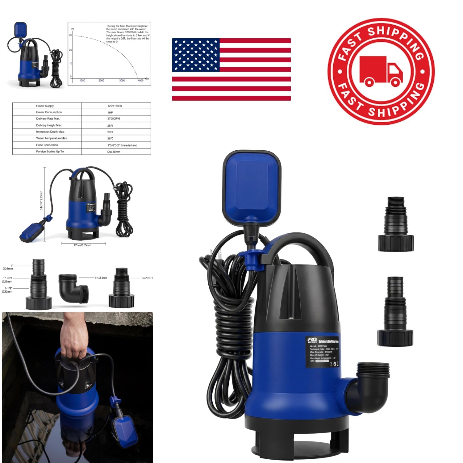 Sump Pump 1HP 3700GPH Submersible Clean Dirty Water Pump Automatic Float Switch gallery