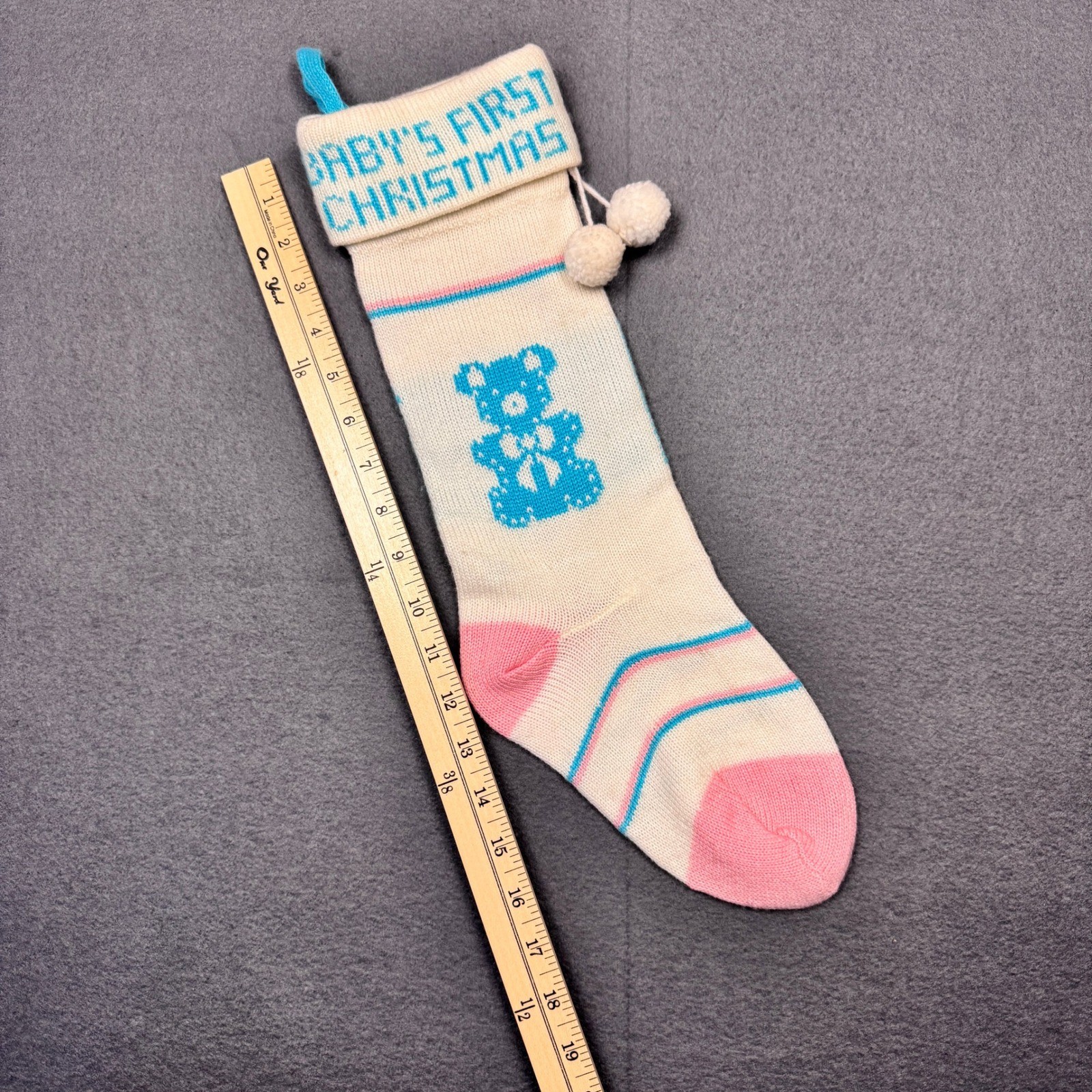 Vtg Babys First Christmas Knit Stocking Bear Unisex Boy Girl Blue Pink White gallery