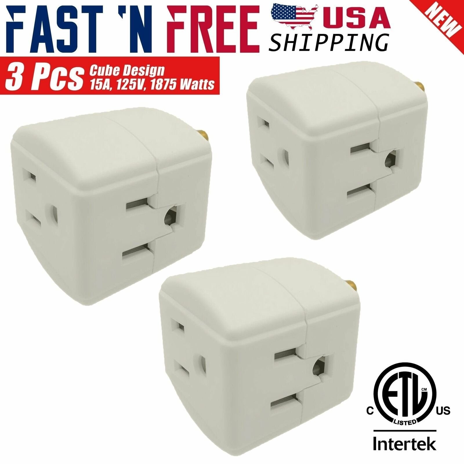3-Packs Grounded 3 Outlet ETL Certified Cube Wall Tap Adapter (Light Grey) gallery