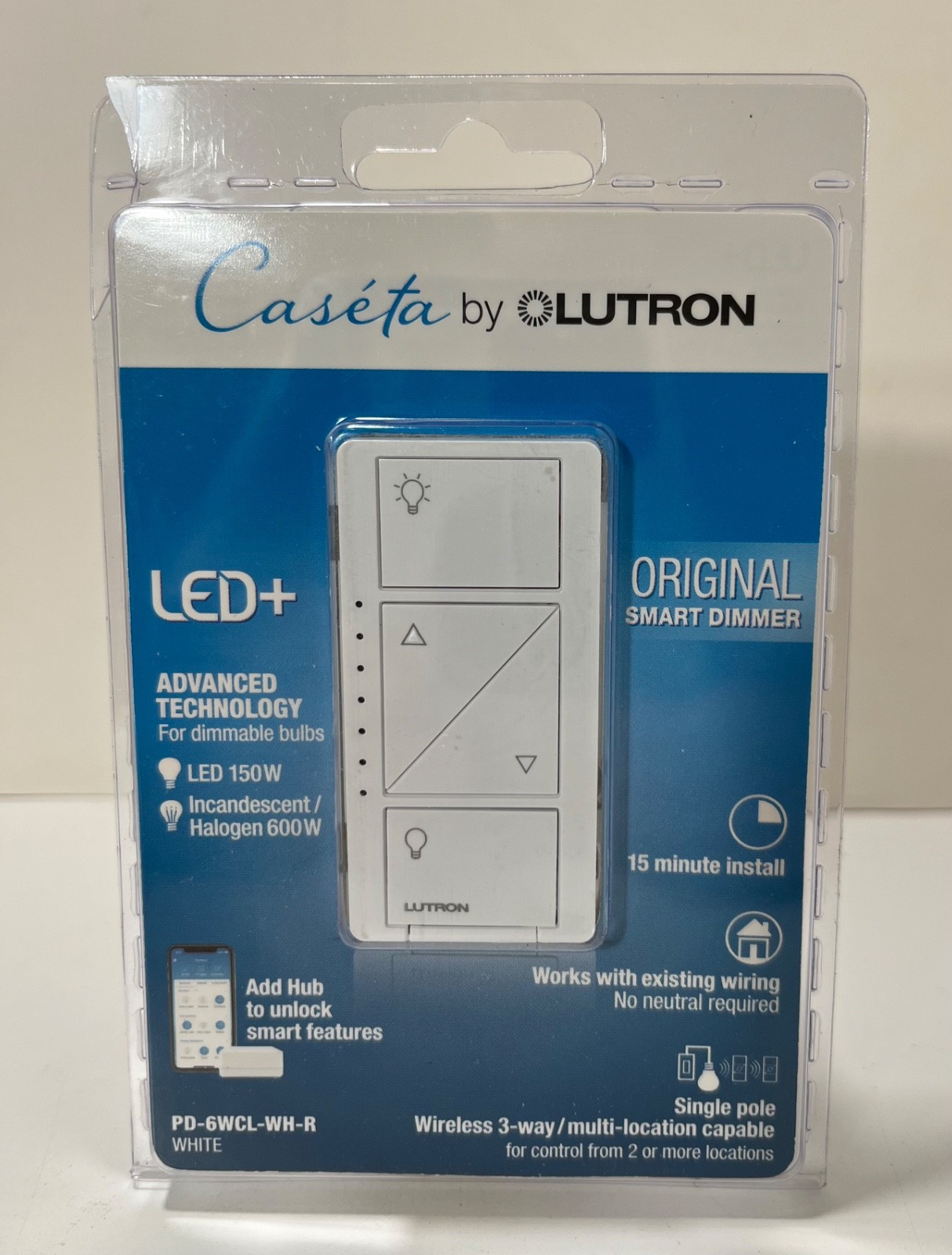 LUTRON Caseta LED+ Original Smart Dimmer Switch PD-6WCL-WH-R White 150W LED- NEW gallery
