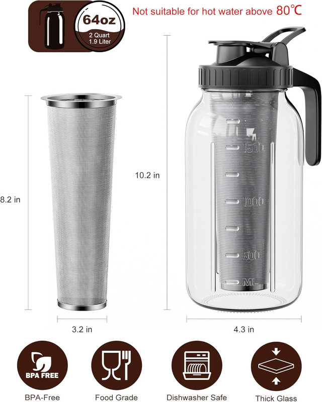 Cold Brew Coffee Maker 64Oz, Iced Coffee Maker with 304 Stainless Steel Filter, gallery