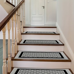 Minimalist Black and Gray Patterned Printed Stair Tread Rug Set, Suitable for