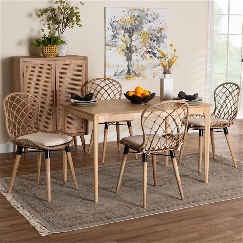 Baxton Studio Sabelle Greywashed Rattan and Brown Wood 5-Piece Dining Set gallery