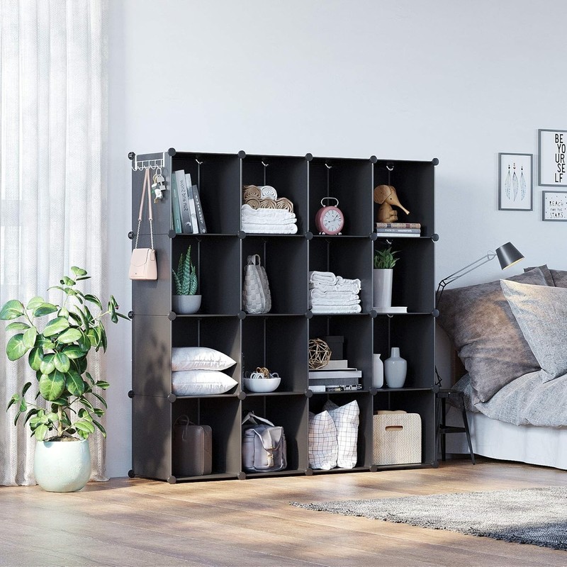 Functional 16-Cube Storage Unit - Black Plastic Organizer, Space-Saving Design gallery