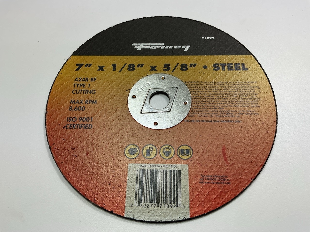 Forney 71892 Cut-Off Wheel, Metal, Type 1 (Flat), 7 In X 1/8 In X 5/8 In gallery
