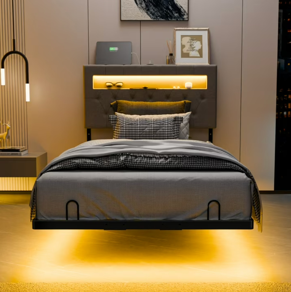 Twin Floating Bed Frame w/ LED Cama Twin con Luz LED Plataforma Gris NEW gallery