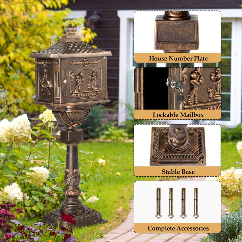 Cast Aluminum Mailbox with Post Locking Residential Mailboxes for Outside w/ Key gallery