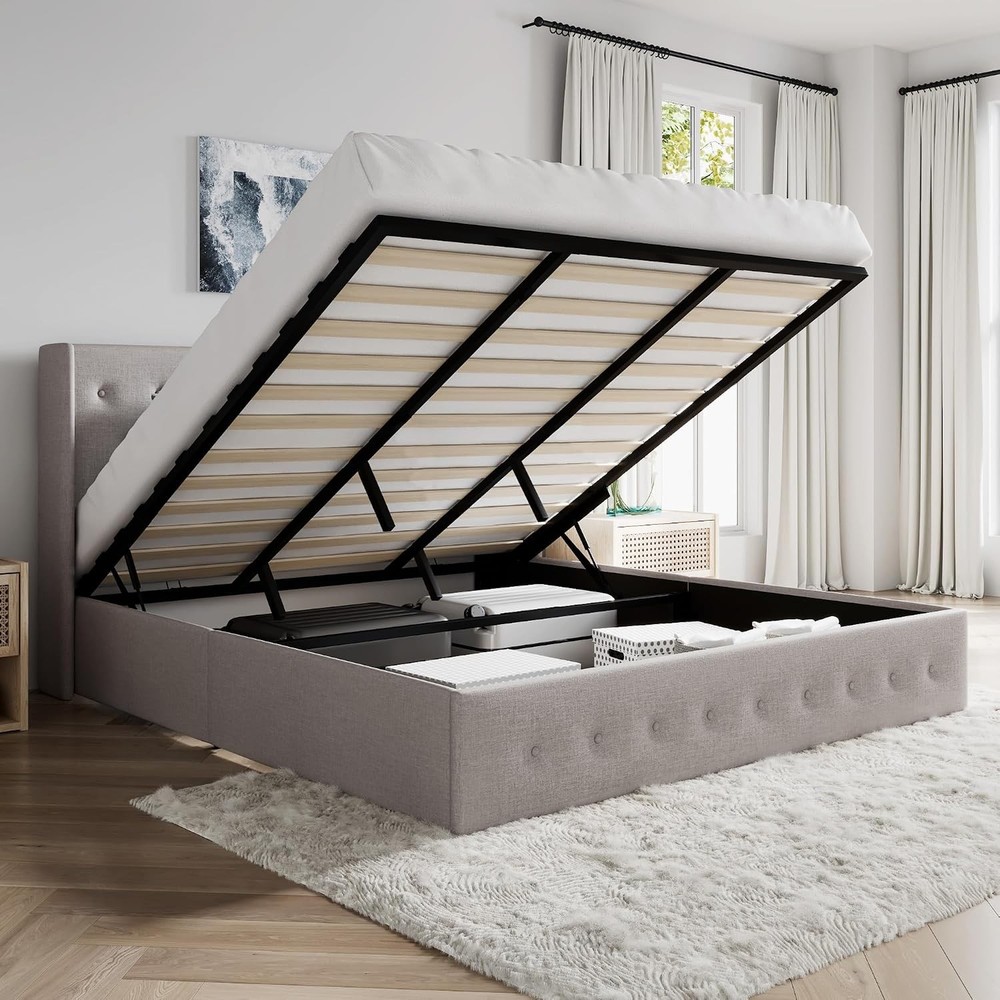 SHA CERLIN King Upholstered Storage Bed Lift Up Wingback