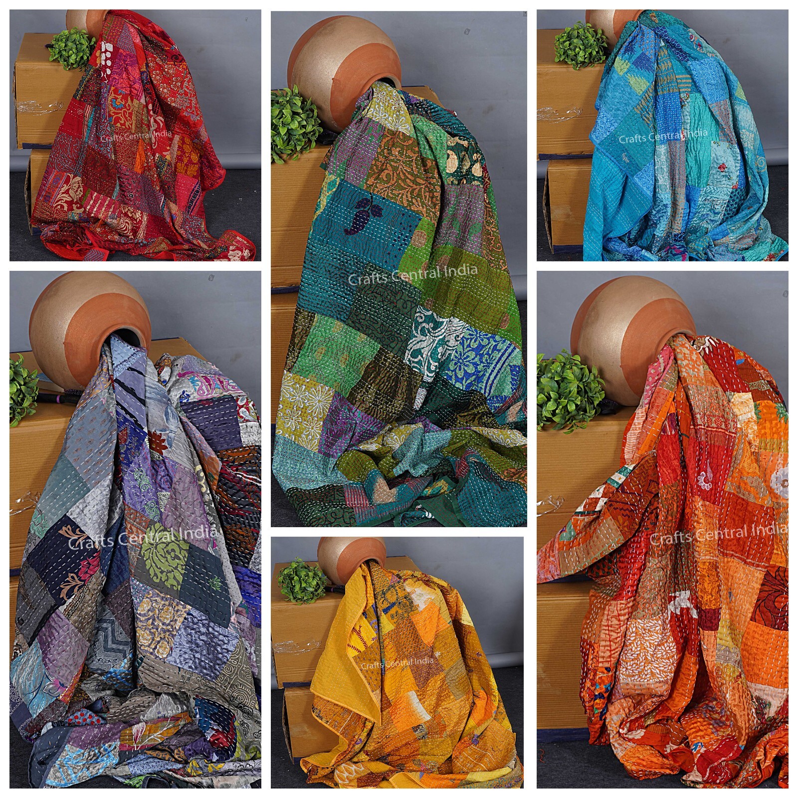 Handmade Silk Patchwork Quilt Indian kantha quilt bed cover boho throw blanket gallery