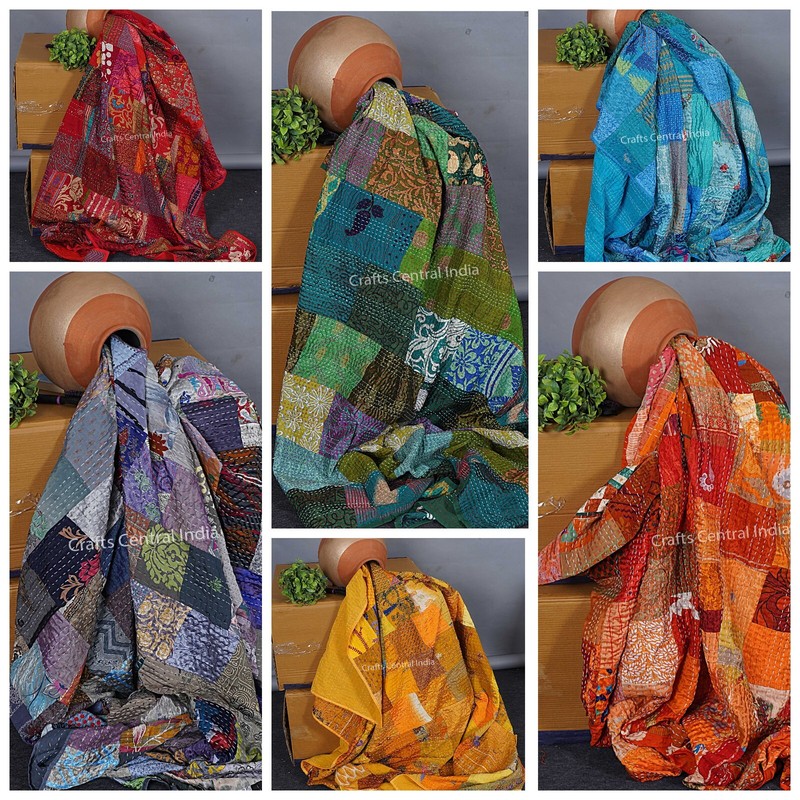 Handmade Silk Patchwork Quilt Indian kantha quilt bed cover boho throw blanket gallery