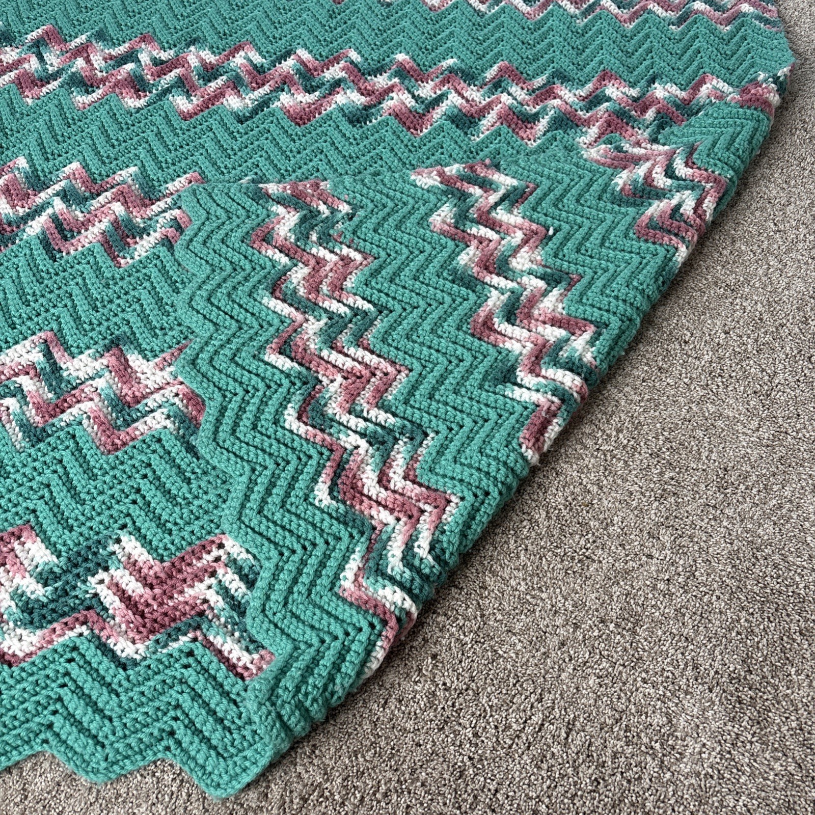 Handmade Crochet AFGHAN Knit Chevron Zig Zag Blanket Throw Teal Pink White gallery