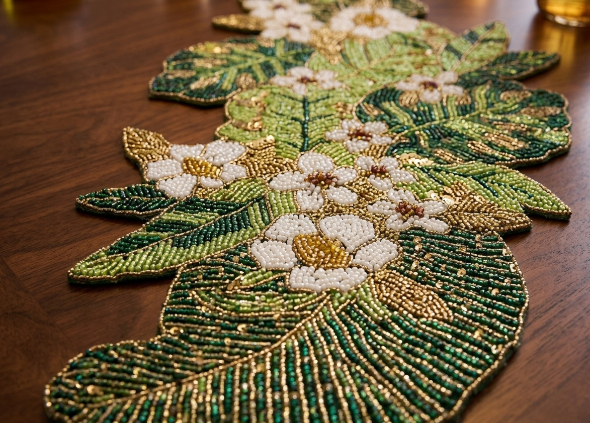 Handmade Beaded Table Runner Green Leaves Table Runner Luxury Tableware 13X36 In gallery