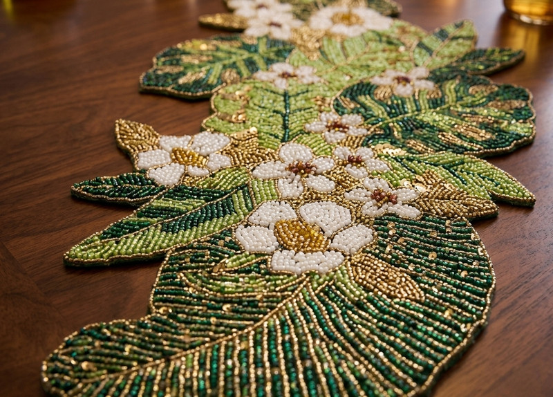 Handmade Beaded Table Runner Green Leaves Table Runner Luxury Tableware 13X36 In gallery