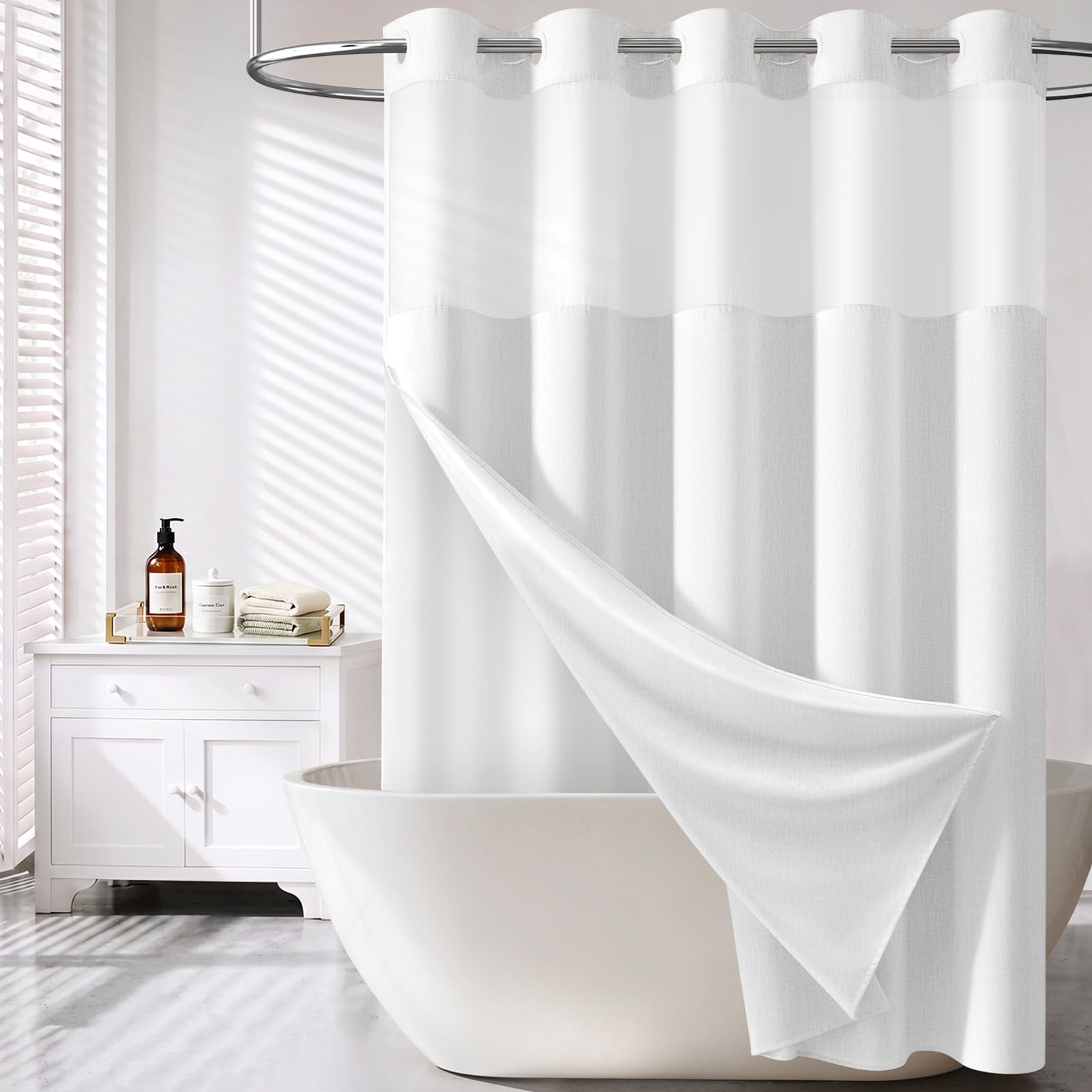 White Ringless 3 In 1 Shower Curtain Set Fabric Snap In Liner 72x75 Inch gallery