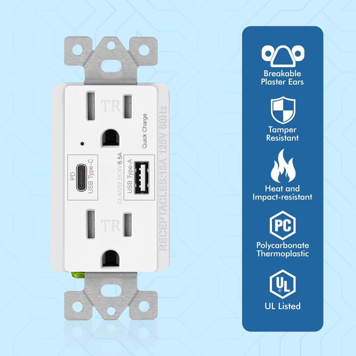 USB C Outlet PD 65W GaN+ Power Delivery Receptacle 6.5A,15 Amp,125 Volt gallery