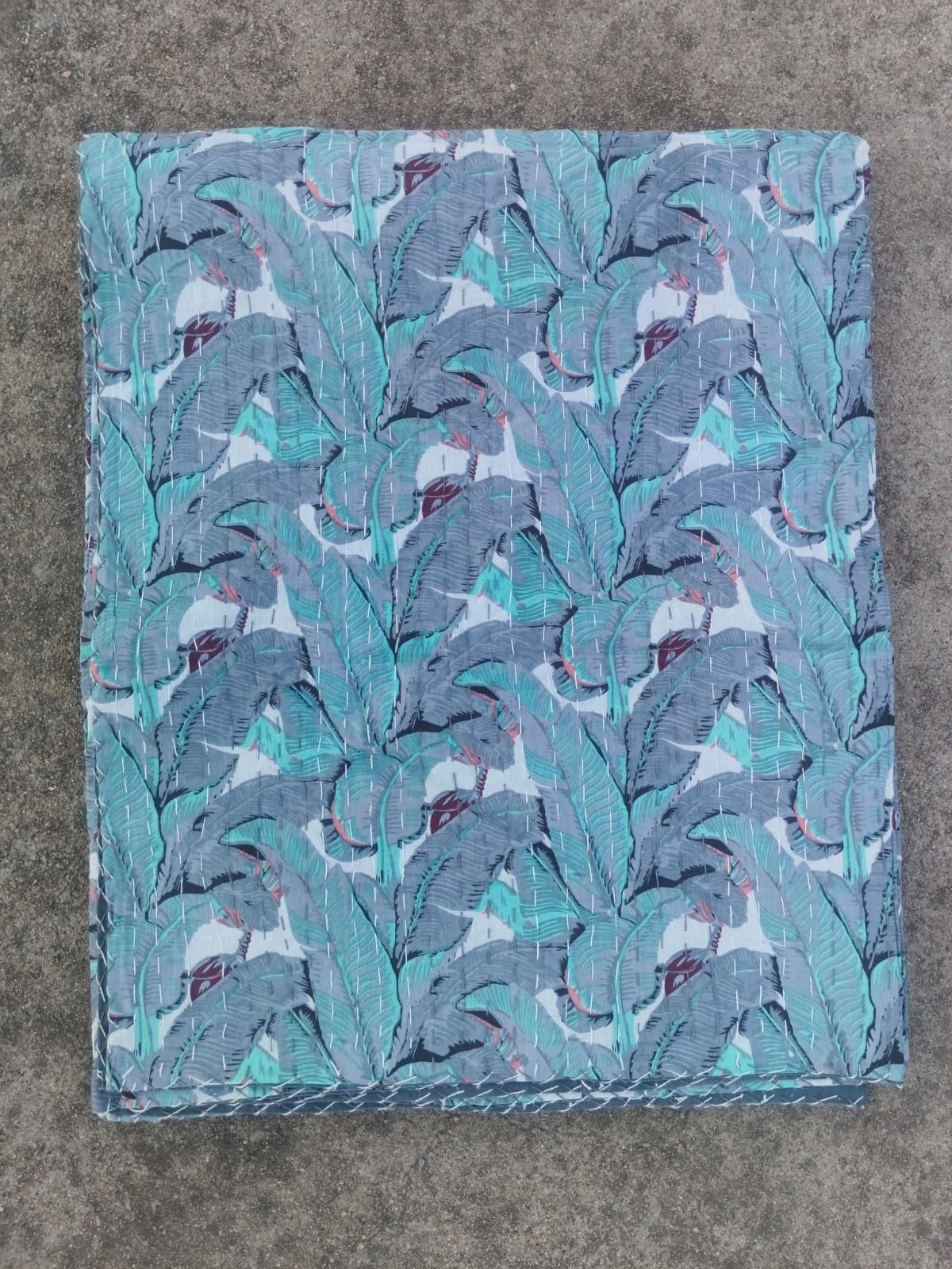 Indian Hand Block Banana Leaf Print Cotton Kantha Quilt Queen Size Blanket gallery