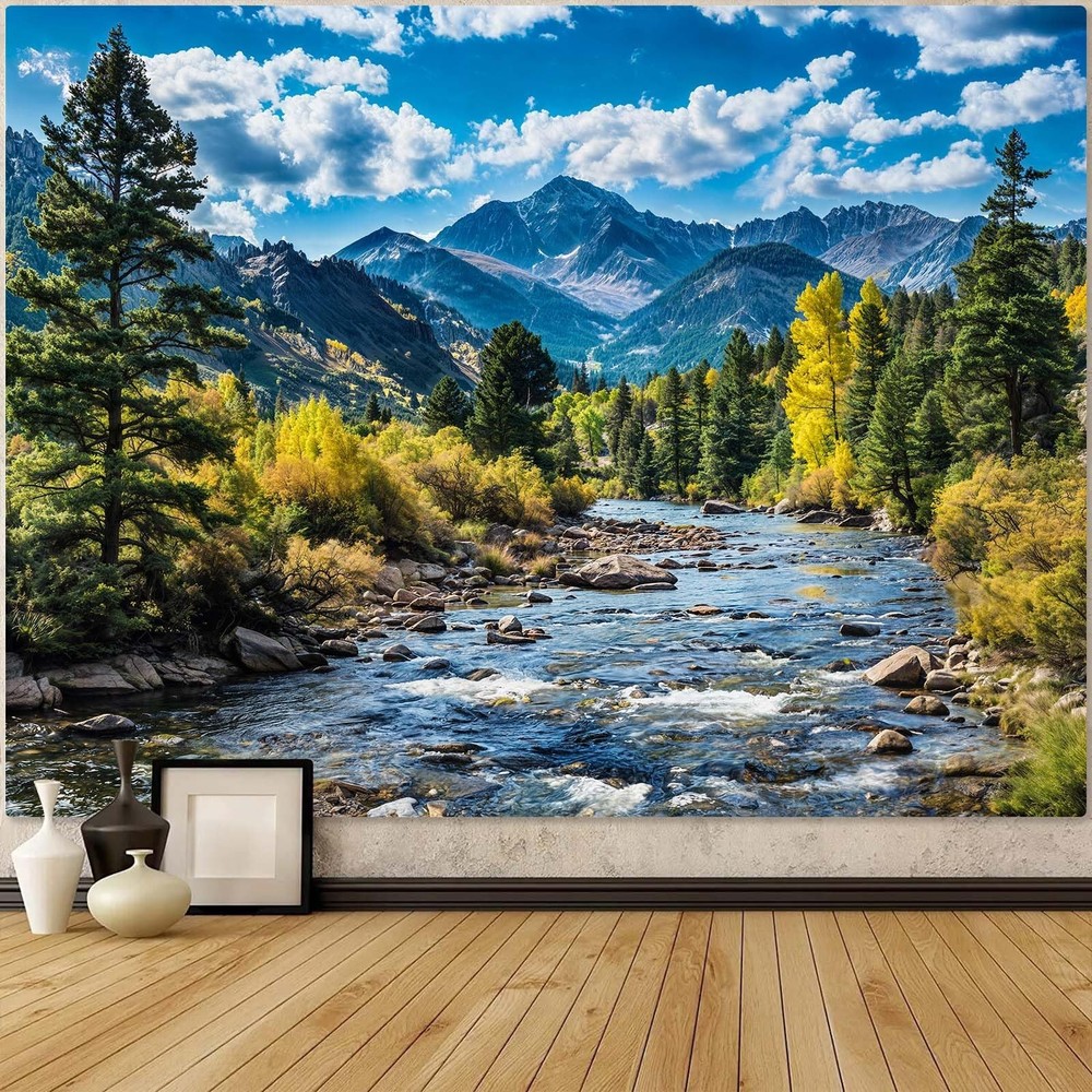 Forest Tapestry, Mountain Pine Trees, River Landscape, Wall Hanging, Multicolor