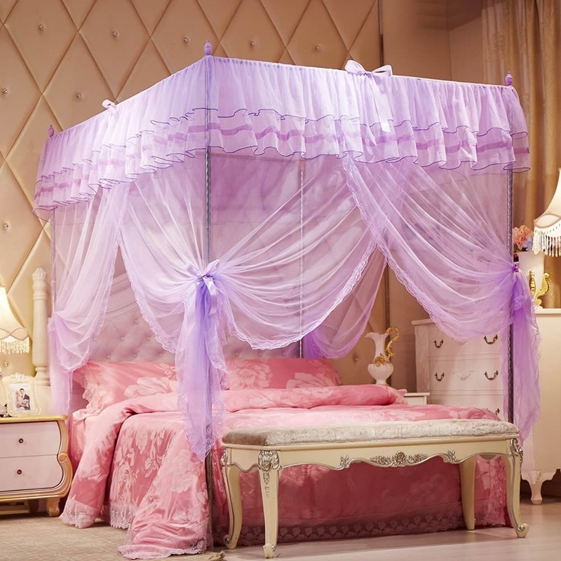 UOZZI BEDDING 4 Corners Post Purple Canopy Bed Curtain for Girls & Adults - Cute gallery