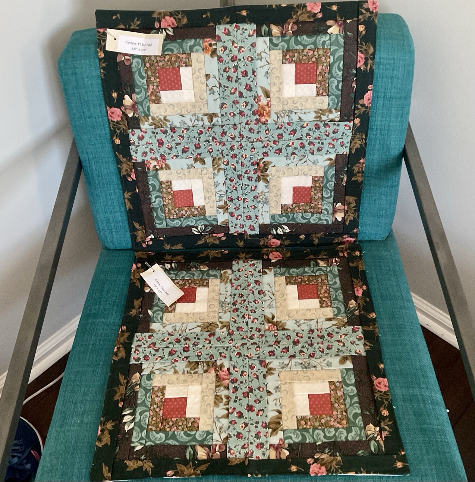 2 Patchwork Log Cabin Table Toppers NEW Handmade Quilted Table Mats 15” Square gallery