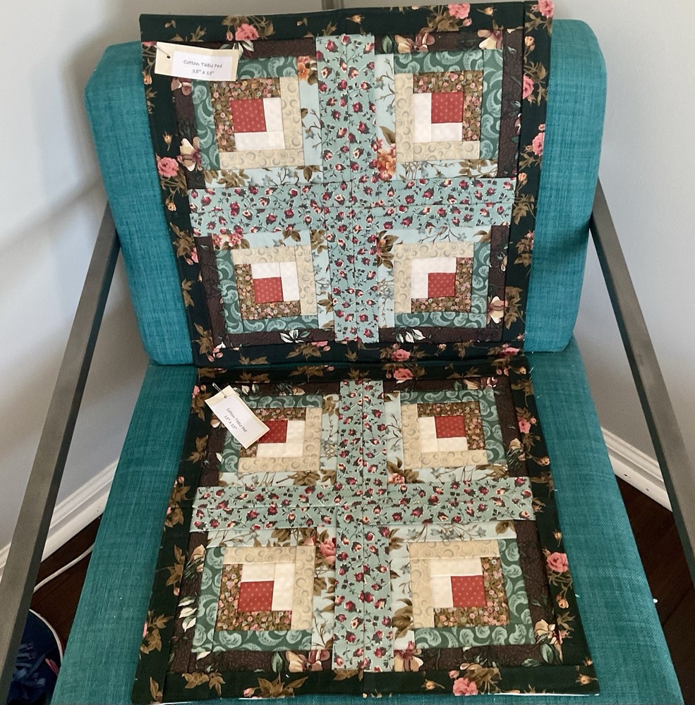 2 Patchwork Log Cabin Table Toppers NEW Handmade Quilted Table Mats 15” Square