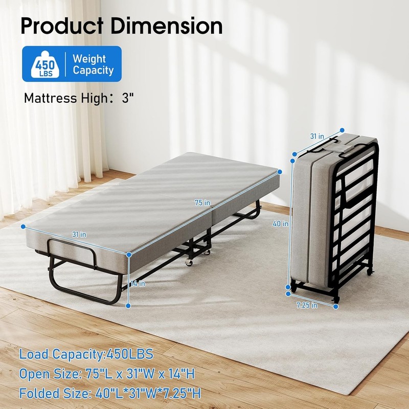 Foldable Rollaway Bed with Memory Foam Mattress & Sturdy Fold Up Metal Frame gallery