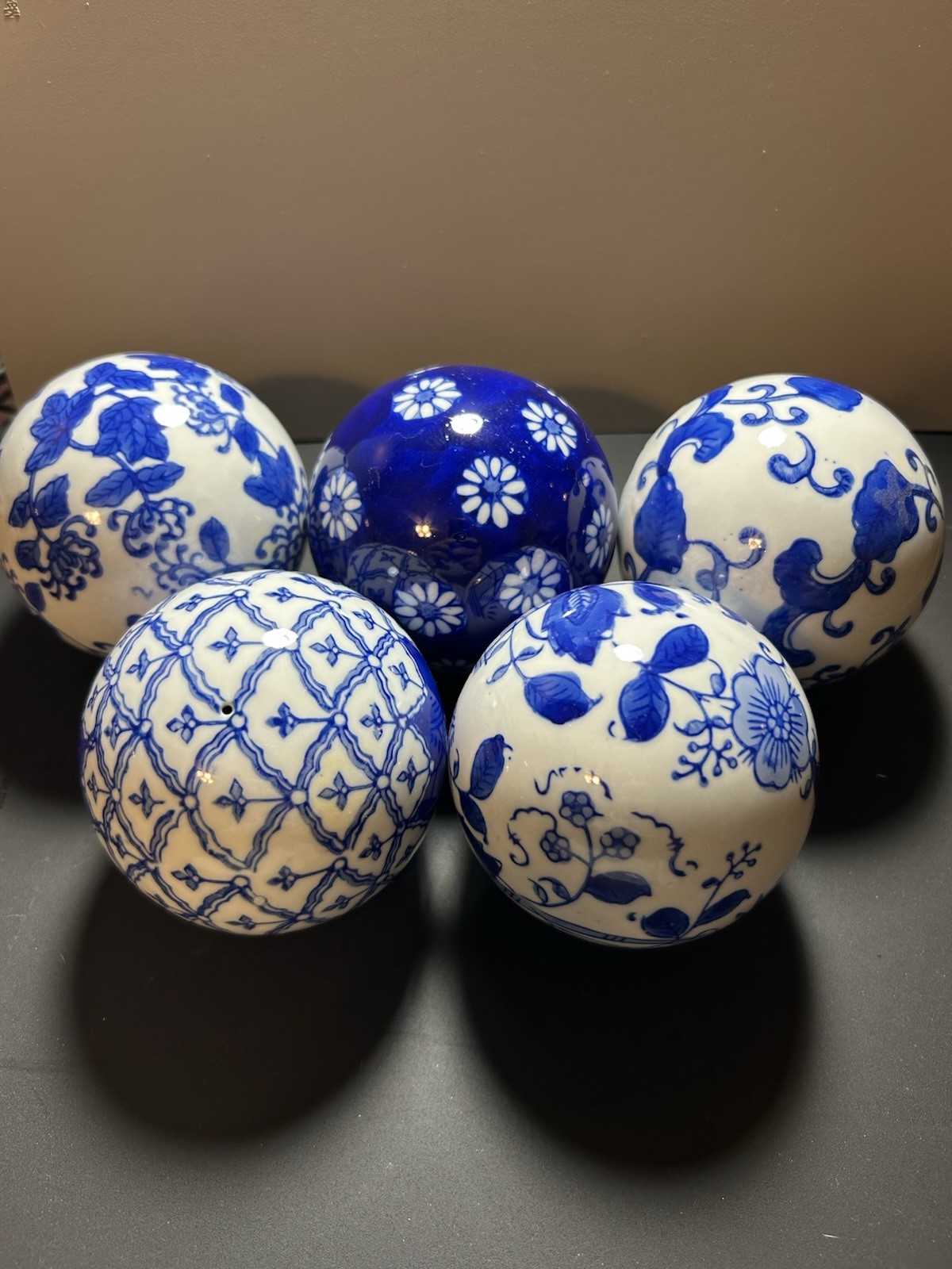 5 Blue And White Decrotive Carpet Balls/Orbs 3” Diameter Decour gallery