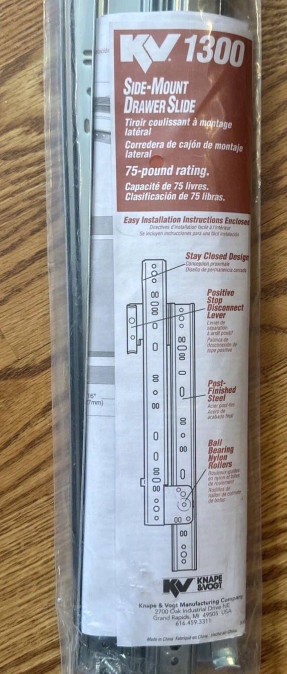 Knape & Vogt 1300PZ22 Drawer Slide 75-lb 22'' L x 1/2'' W Rail, Steel, Zinc, 2PK gallery