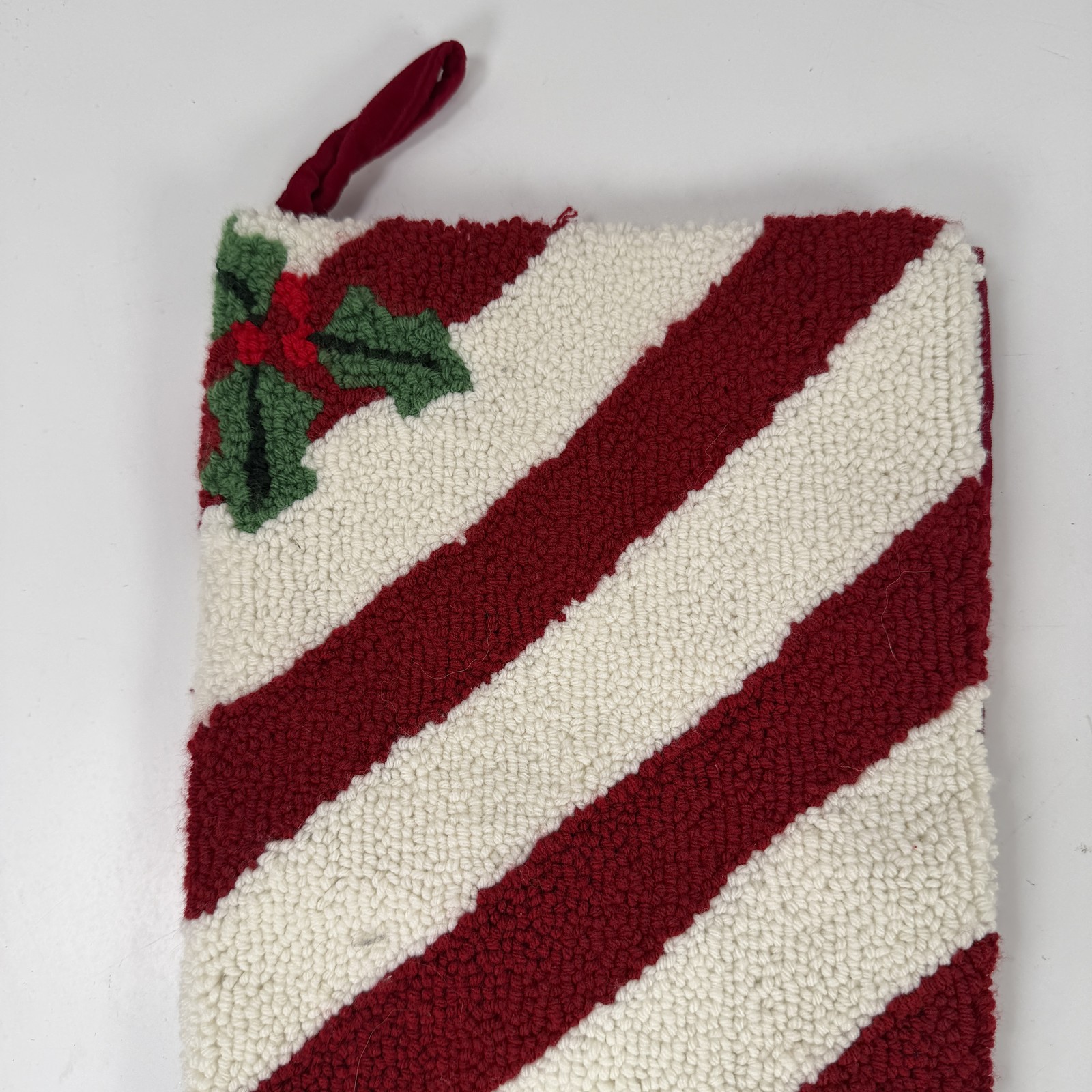 Christmas Stocking Red & White Stripe Holly Berry Punch Needle Knit Holiday gallery