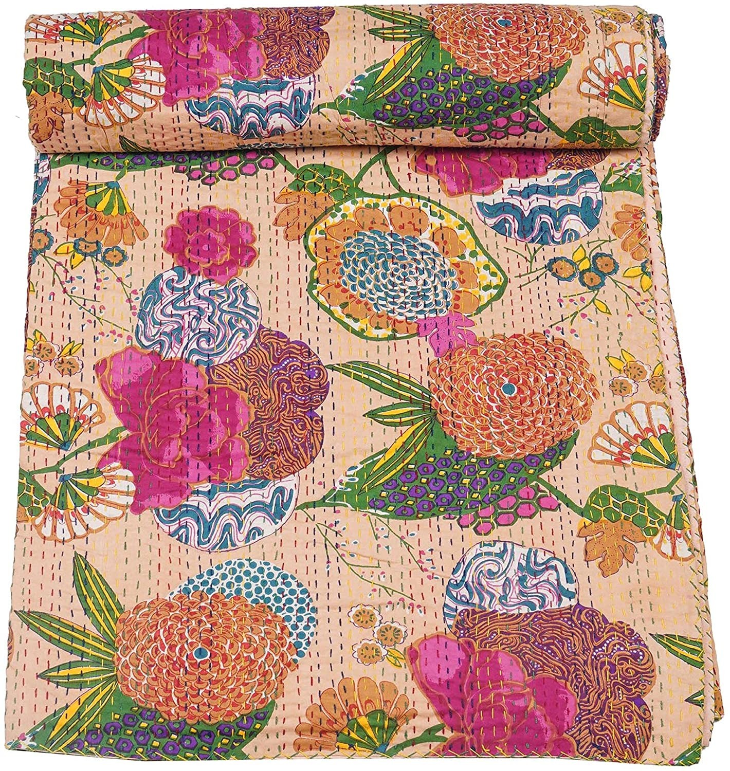 Indian Vintage Reversible Handmade Floral Cotton Kantha Blanket Bedspread Quilts gallery