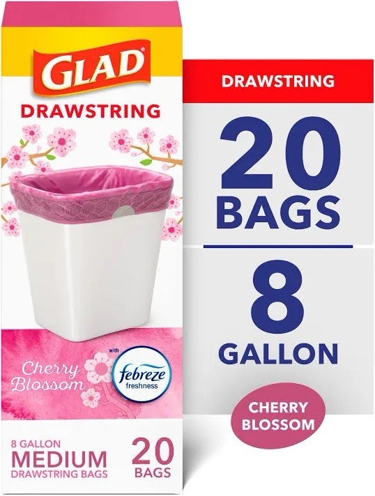 Glad OdorShield, 8 Boxes, Drawstring Trash Bags, Cherry Blossom, 8 Gallon, 160ct gallery