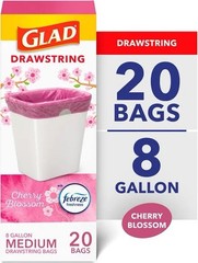 Glad OdorShield, 8 Boxes, Drawstring Trash Bags, Cherry Blossom, 8 Gallon, 160ct