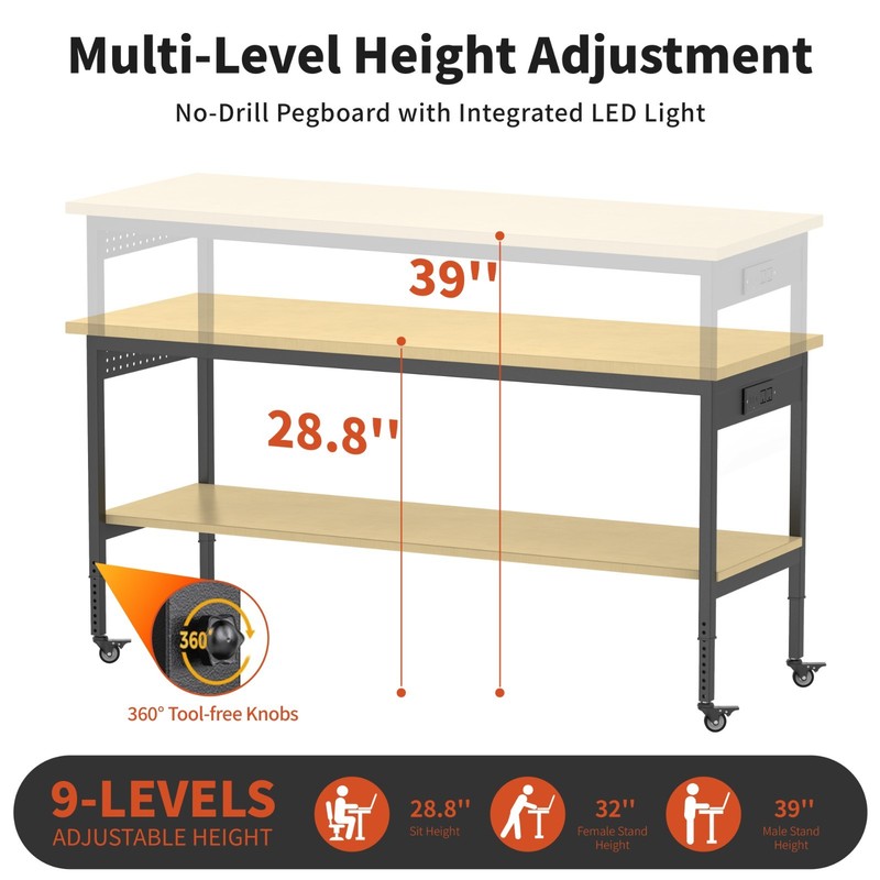60" Garage Workbench 2000LBS w/ Pegboard LED Light Adjustable Rolling Table gallery
