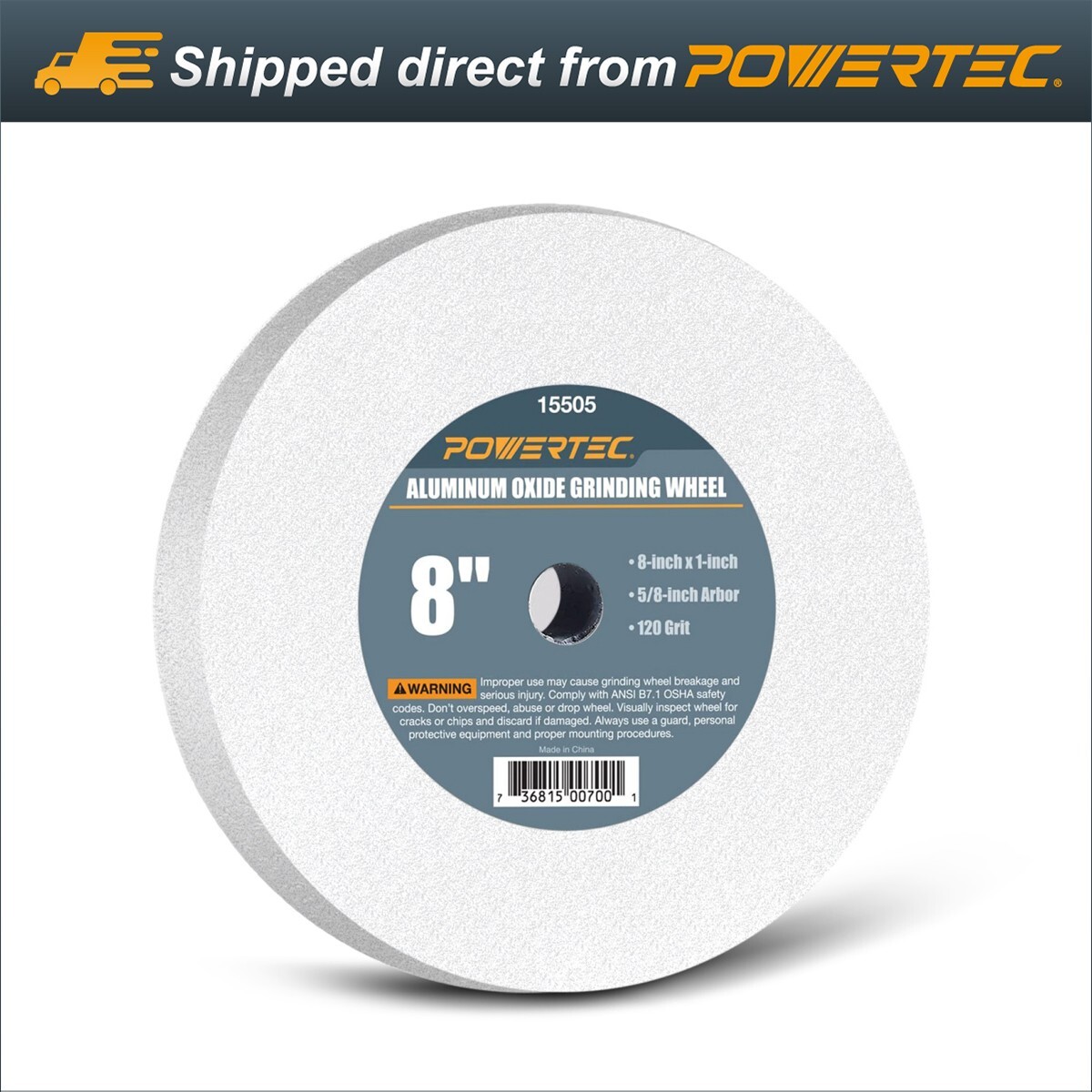 POWERTEC White Grinding Wheel 8x1" Disc with 5/8" Arbor 120 Grit Aluminum gallery